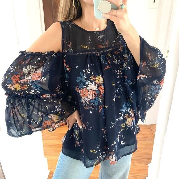 Lucky Brand Blouse Cold Shoulder Floral Blue Size Small - Picture 1 of 9